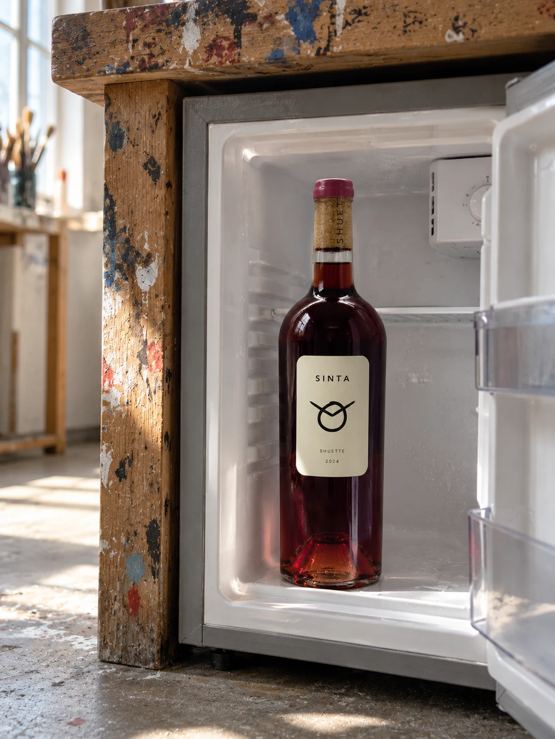 A bottle of Sinta cooling in the studio fridge