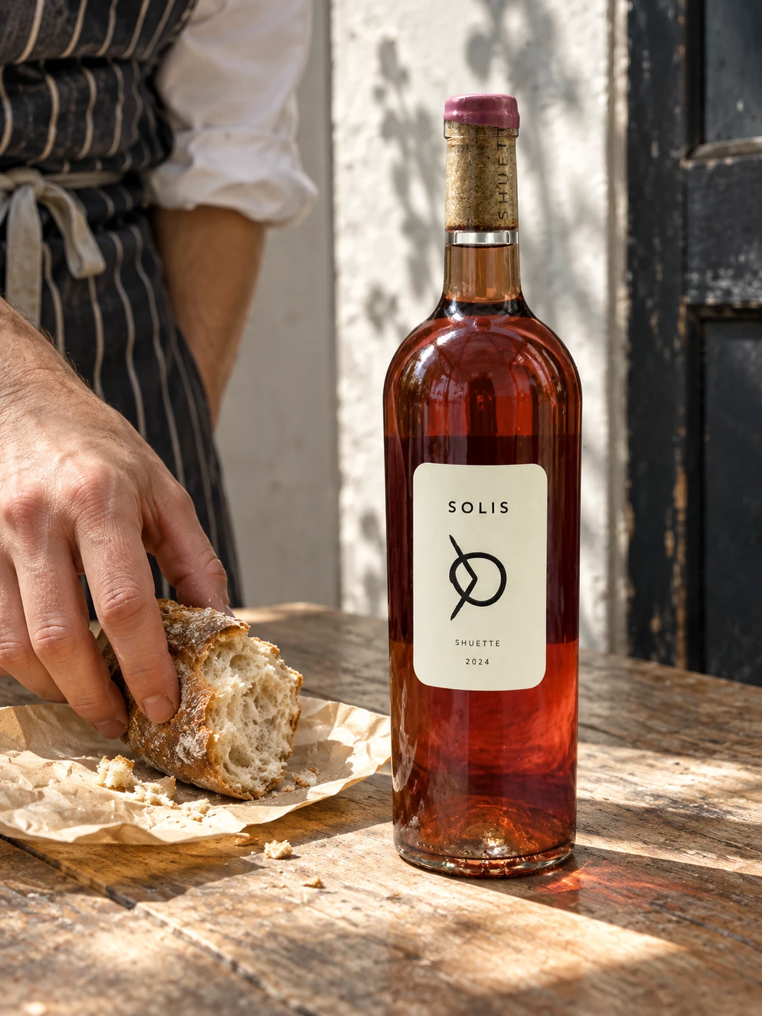 A bottle of Solis on a kitchen table beside freshly torn bread