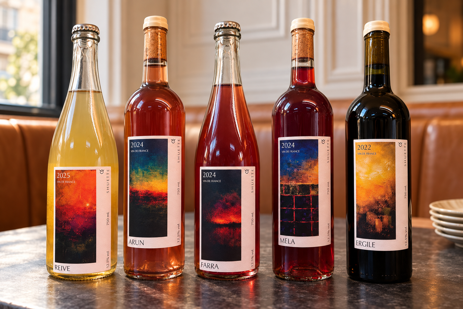 The five Atelier edition wines together on a bistro table
