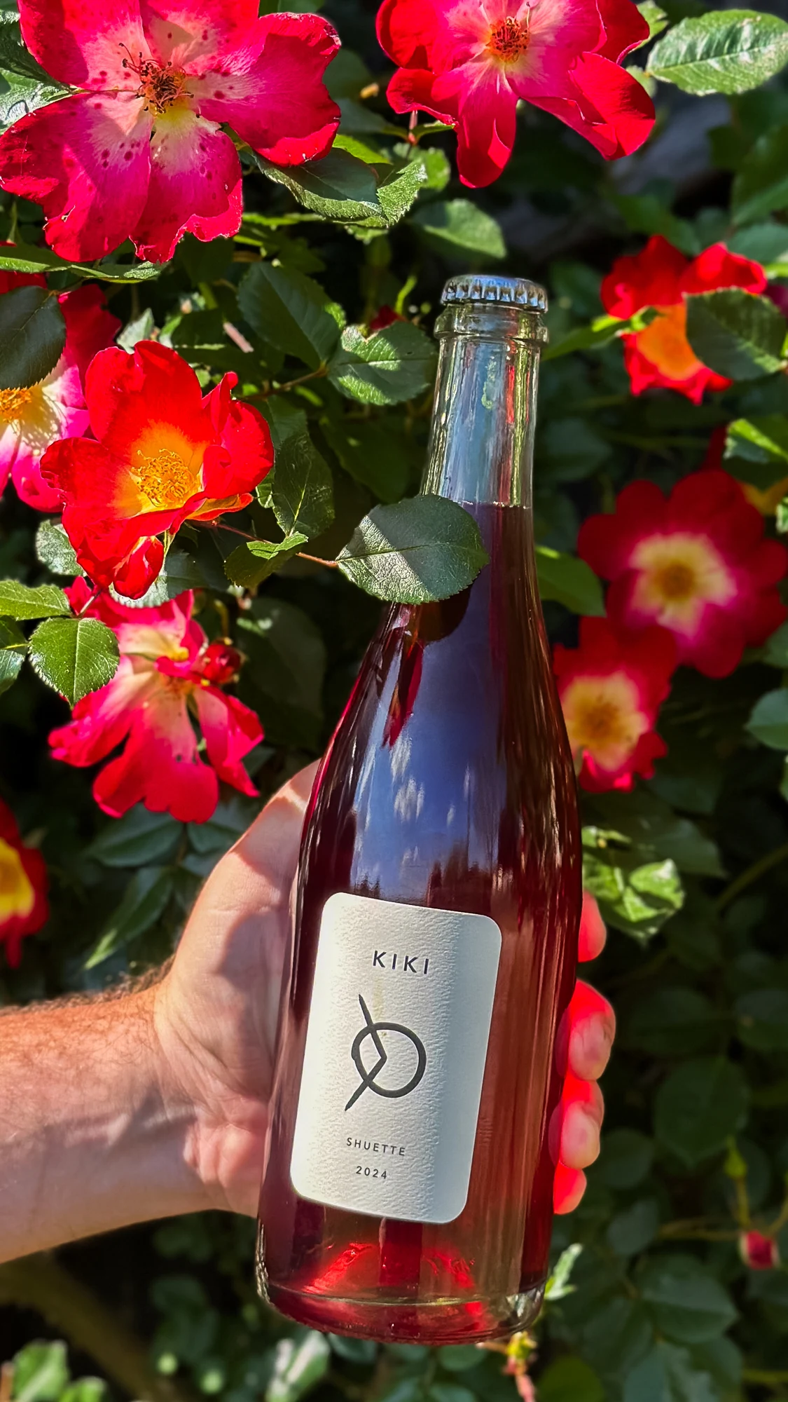 A bottle of Kiki held beside red flowers at Shuette