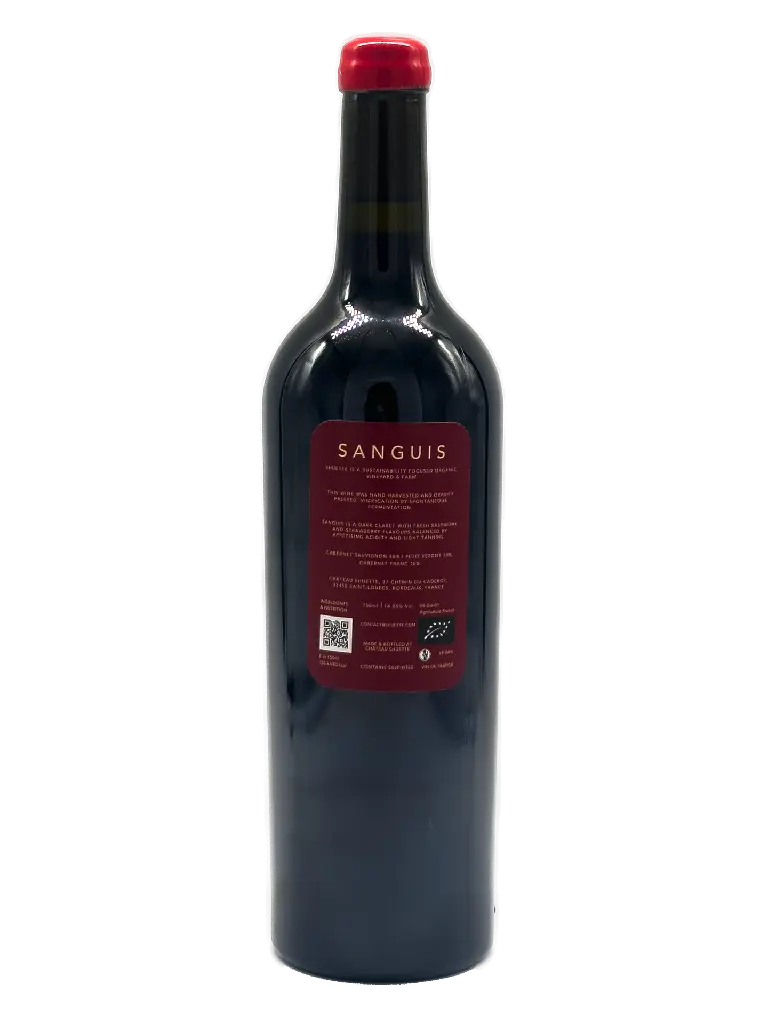 Sanguis 2023 bottle showing the back label